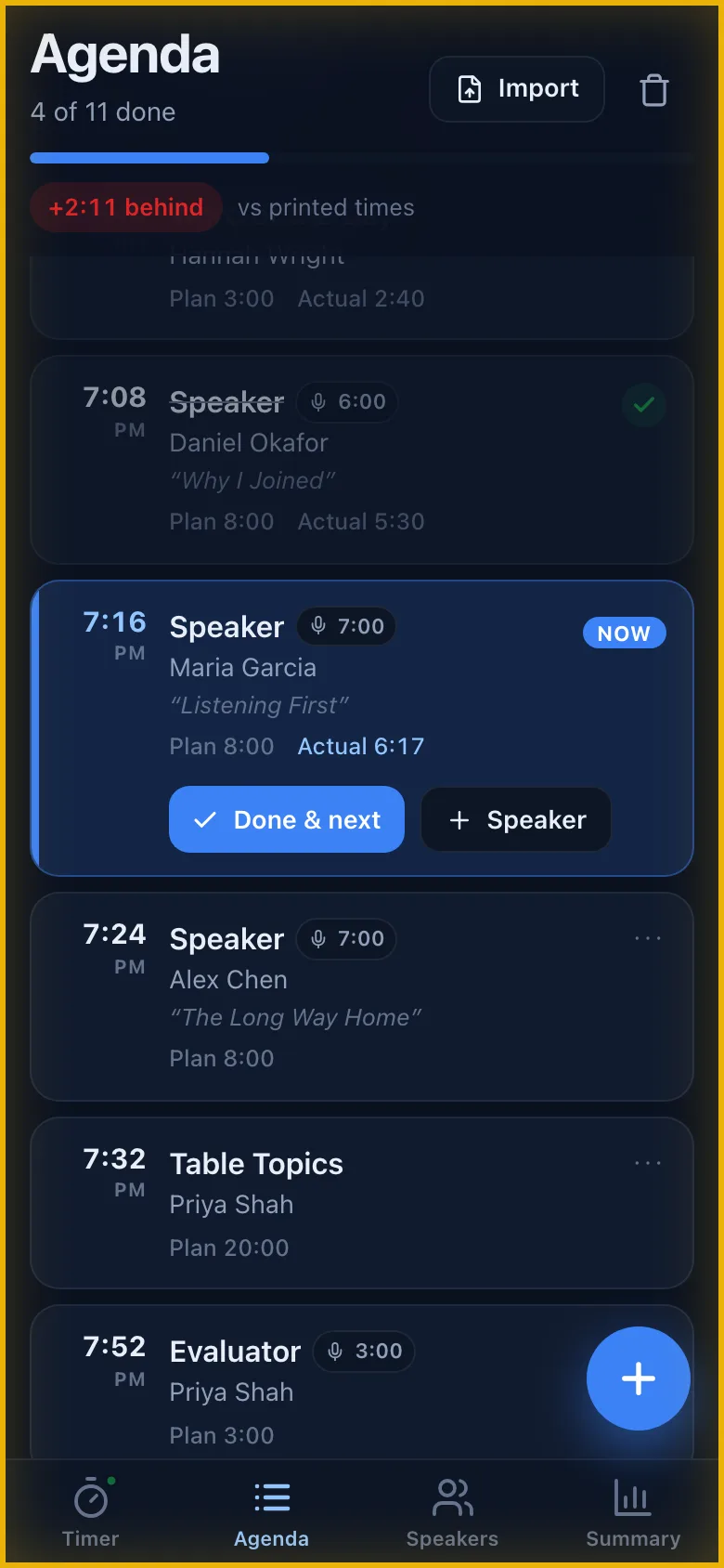 Agenda tab listing meeting items with times and progress