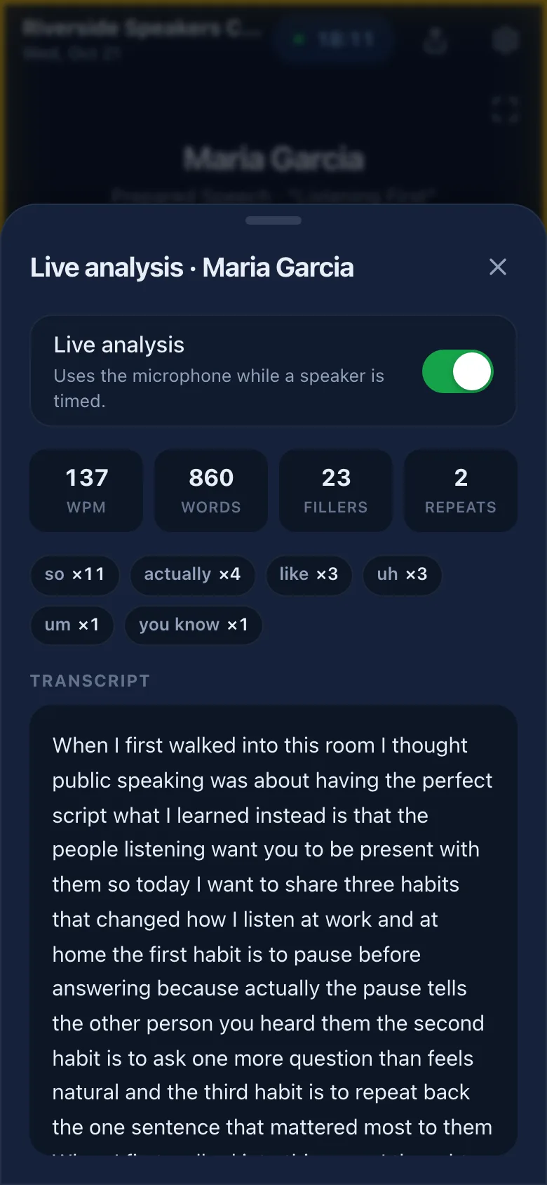 Live analysis panel with words per minute, filler counts and transcript