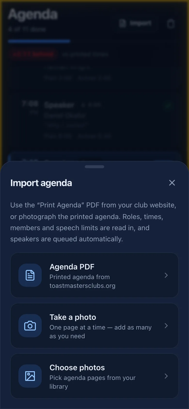 Import agenda sheet with Agenda PDF, Take a photo and Choose photos