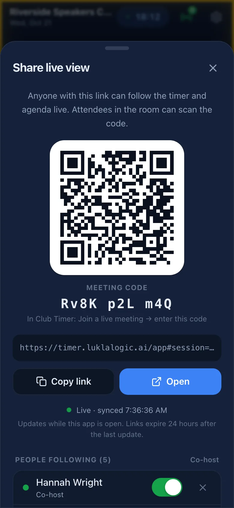 Share live view sheet with a QR code, the meeting code, the link and People following with co-host switches