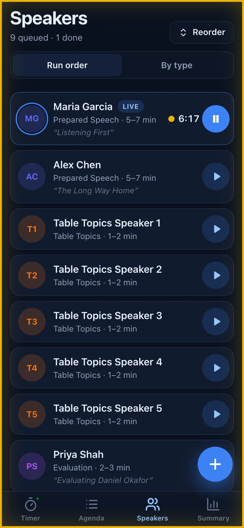 Speakers tab with the queue grouped by speech type