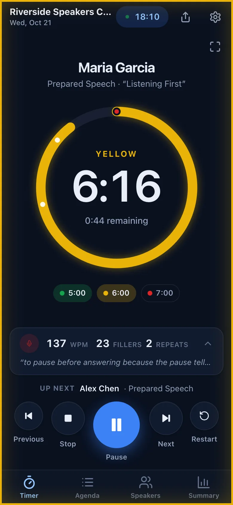 Timer tab showing Maria Garcia at 6:16, yellow signal, 0:44 remaining